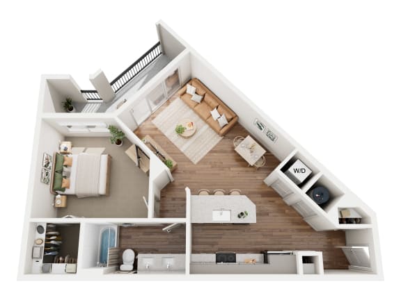 a 3d rendering of a floor plan with a bedroom and a living room