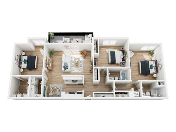 A top-down view of a modern apartment layout.