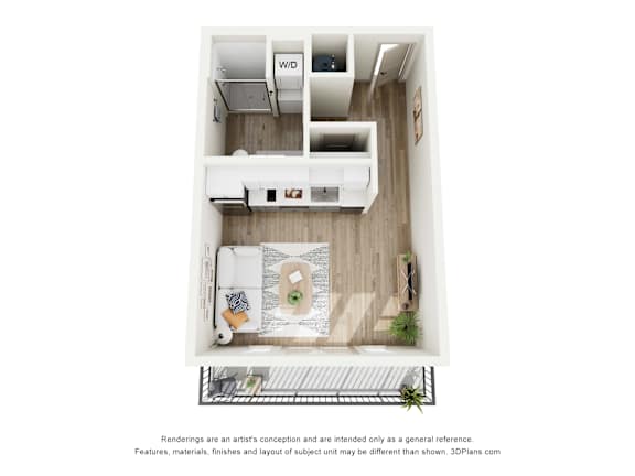 A 3D floor plan of a small apartment with a kitchen, living room, and bathroom.