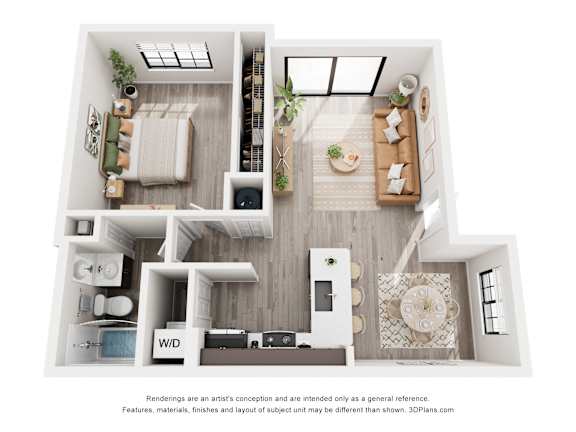 Floor Plan  A 3D floor plan of a house with a living room, kitchen, and bathroom.