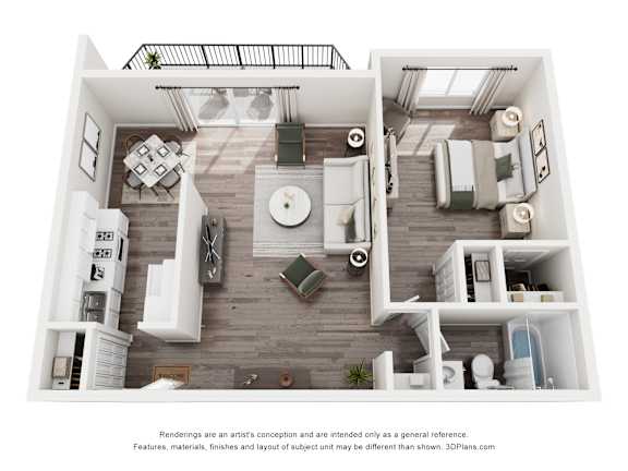 A 3D floor plan of a small apartment with a kitchen, living room, and bathroom.