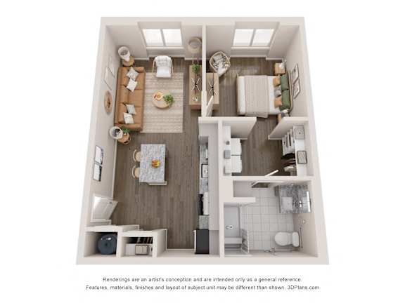 a 1 bedroom floor plan with a bathroom and a living room at Agave House Apartments, Casa Grande, 85122