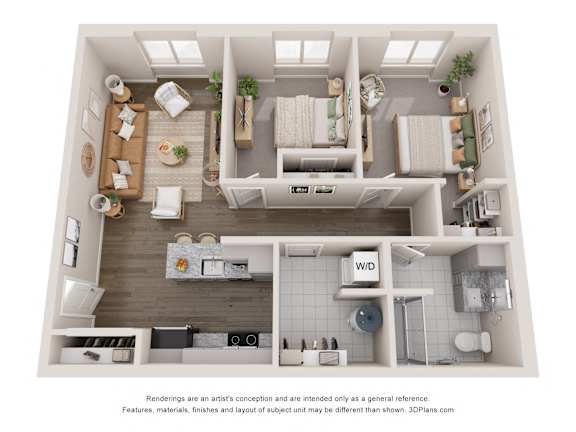 a 1 bedroom floorplan is shown in this rendering at Agave House Apartments, Casa Grande, 85122