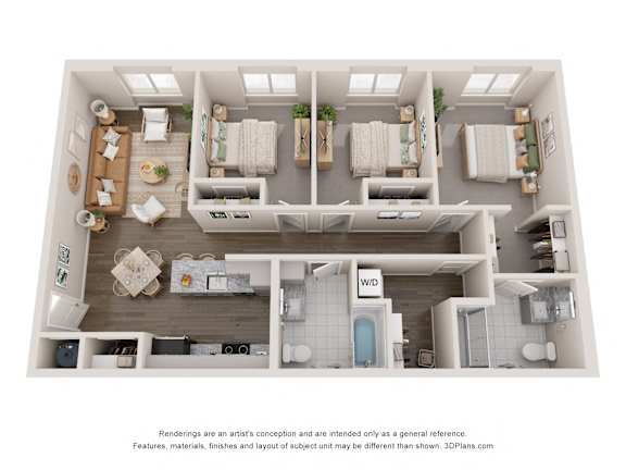 a 1 bedroom floorplan is shown in this rendering at Agave House Apartments, Casa Grande, 85122