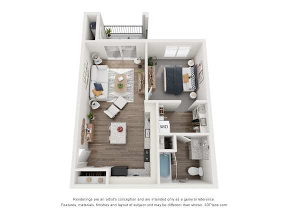 a stylized floor plan with a bedroom and a living room
