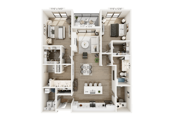 A top-down view of a small apartment with a kitchen, living room, and bathroom.