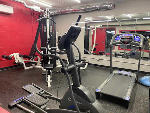 A gym with a treadmill, a stationary bike, and a weight machine.