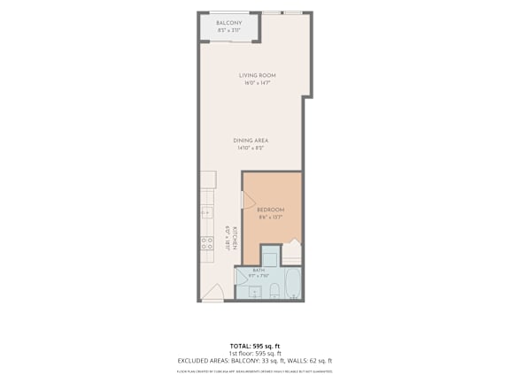 2D Floorplan of a 1 bedroom apartment with a living room, dining area, kitchen, and bedroom
