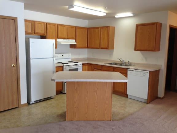 a kitchen with white appliances and wooden cabinets