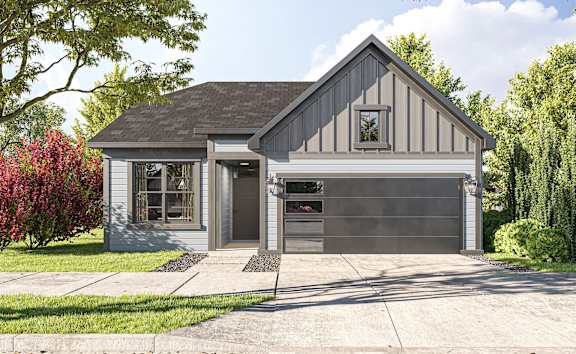 a gray and with a driveway and a garage door