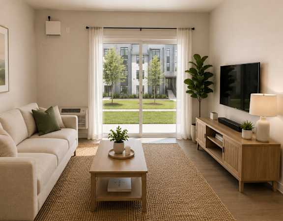 A living room with a white couch, a wooden coffee table, a flat screen TV, and a large window with a view of a green lawn and buildings outside.