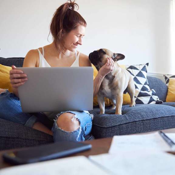 A woman is sitting on a couch with a laptop, a dog is standing on the couch next to her.