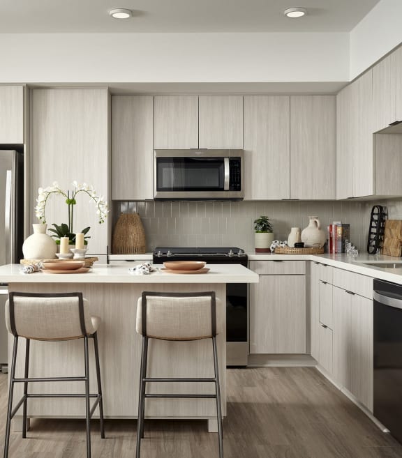 a kitchen with stainless steel appliances and a island with two stools