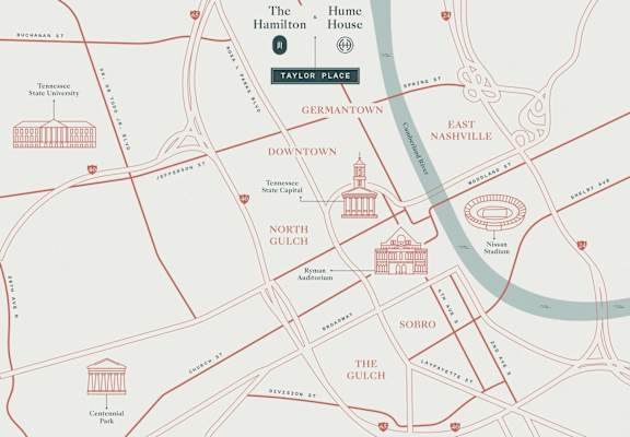 A map of Nashville with the area around The Hermitage and the State Capitol marked.