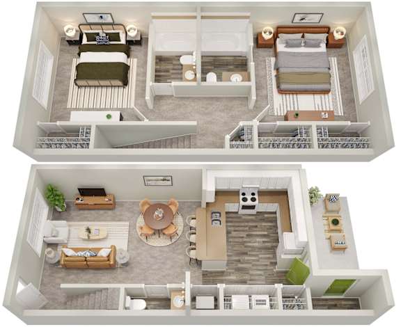 A top-down view of a two-story apartment with a living room, kitchen, and bedrooms.