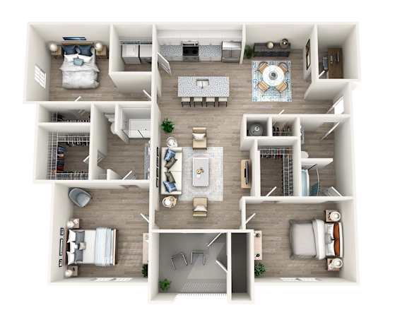 A top-down view of a small apartment layout with a kitchen, living room, and bedrooms.