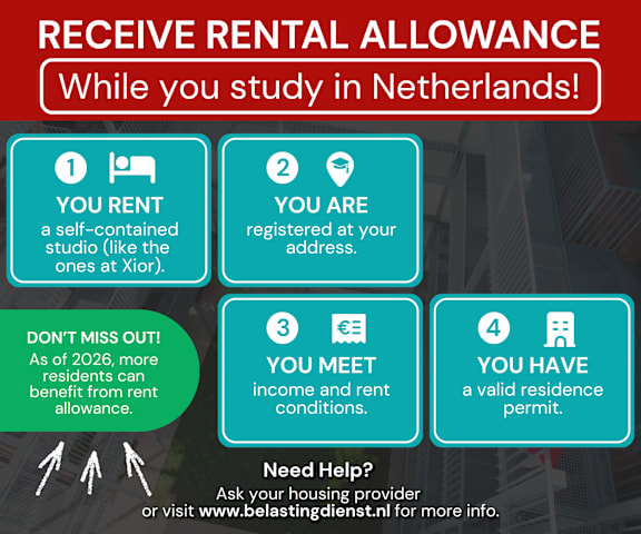 A poster explaining how to receive rental allowance while studying in the Netherlands.