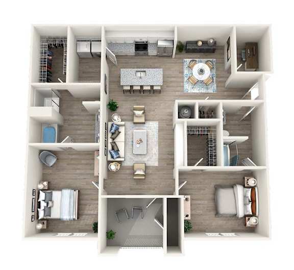 A top-down view of a modern apartment layout with a living room, kitchen, dining area, and bedrooms.