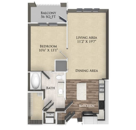 A floor plan of an apartment with a balcony, bedroom, living area, dining area, bathroom, and kitchen.