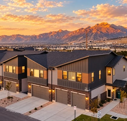 A modern house with a mountain in the background at sunset.