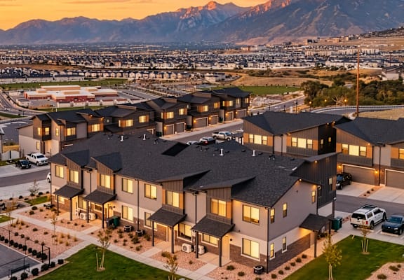 A large, modern house with a mountain range in the background.