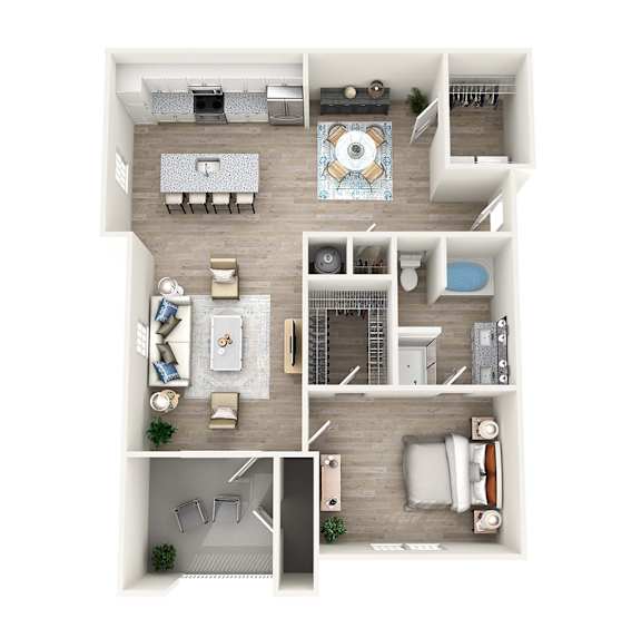 A top-down view of a small apartment layout with a kitchen, living room, and bathroom.