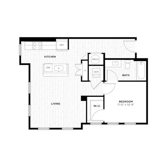 A black and white floor plan of a house with a kitchen, living room, bathroom, and bedroom.