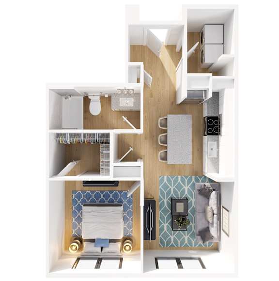 A top down view of a small apartment with a kitchen, living room, and bathroom.