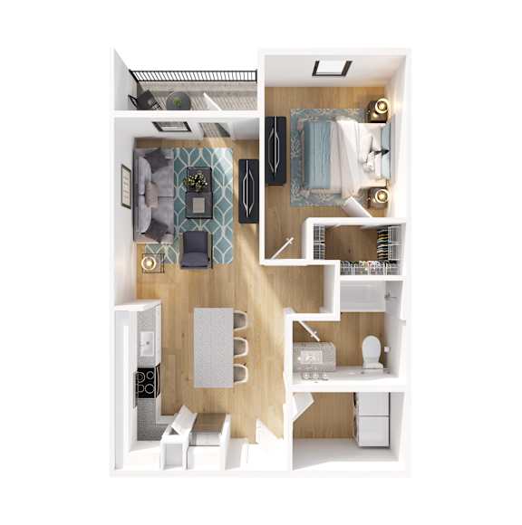 A top-down view of a small apartment with a kitchen, living room, and bathroom.