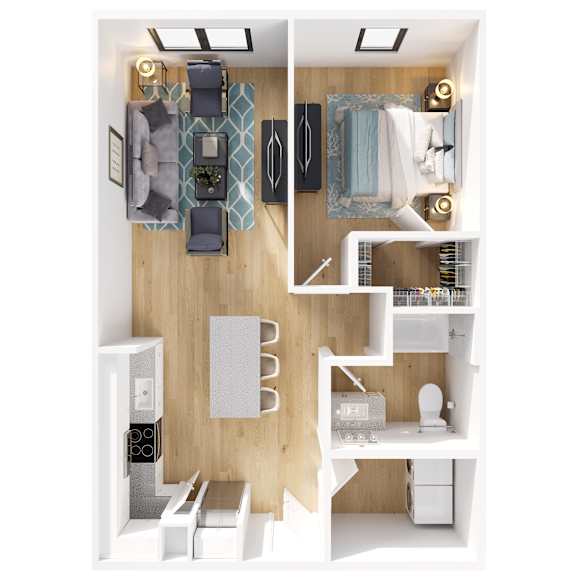 A top-down view of a small, modern apartment with a kitchen, living room, and bathroom.