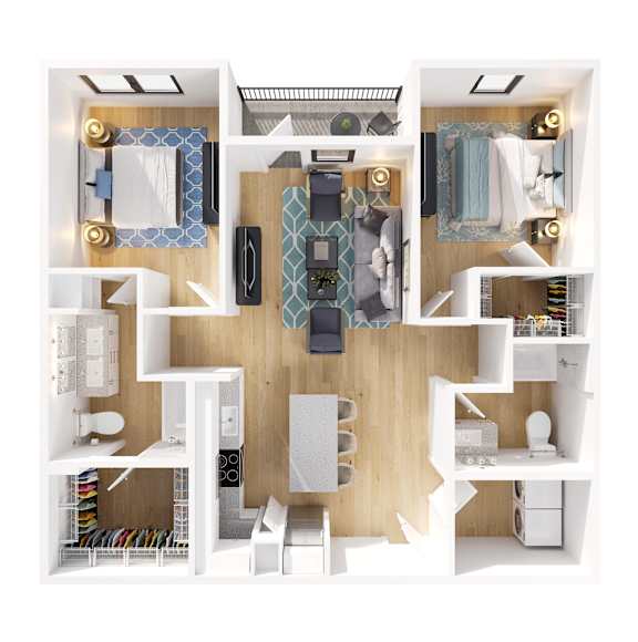 A top down view of a small apartment with a kitchen, living room, and bathroom.