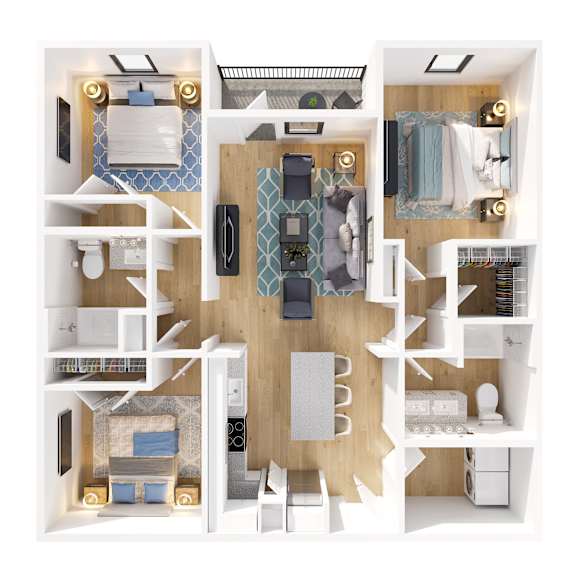 A top-down view of a small apartment with a kitchen, living room, and bathroom.