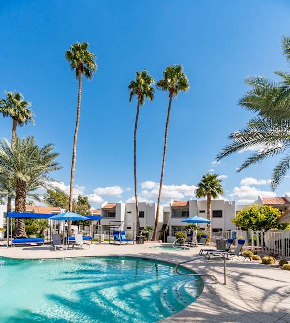 a resort style pool with palm trees in the background