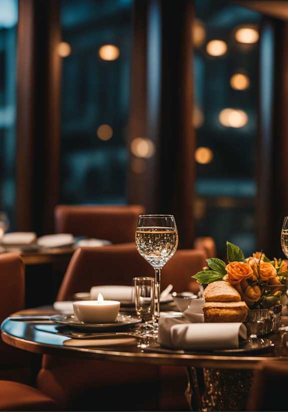 A table set for a meal with a glass of wine and a plate of food.