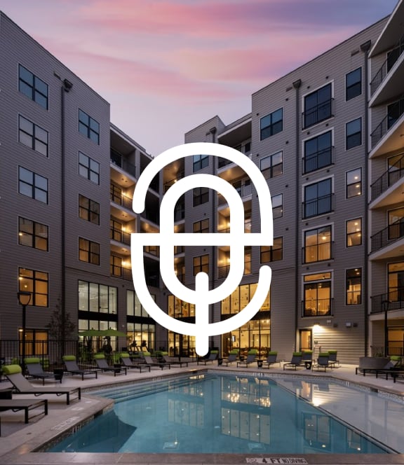an apartment complex with a swimming pool in the foreground and a c logo superimposed over the