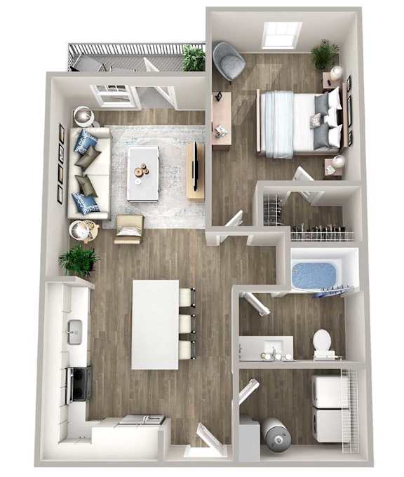A 3D floor plan of a small apartment with a living room, kitchen, and bedroom.