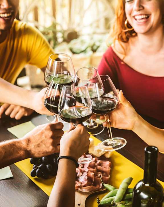 People toasting with wine glasses at a table.