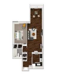 A floor plan of a house with a kitchen, living room, and bathrooms.
