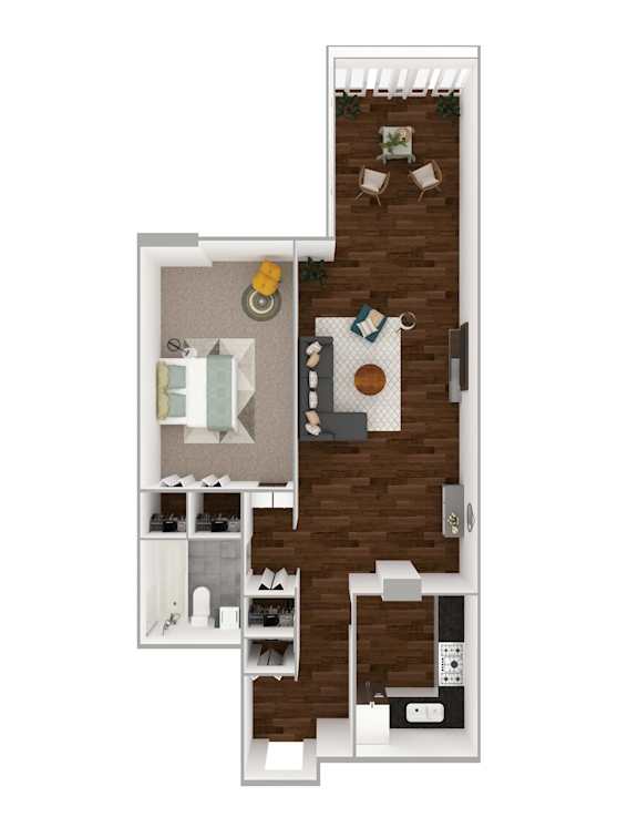 A floor plan of a house with a kitchen, living room, and bathrooms.