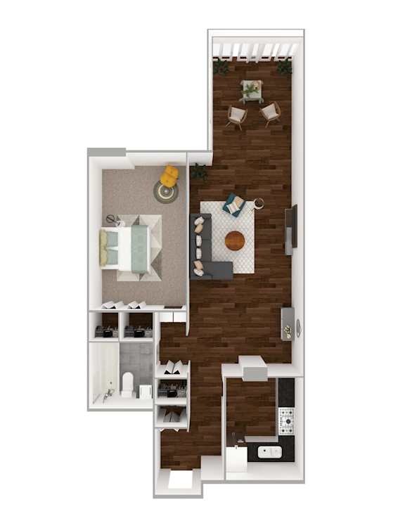 A floor plan of a house with a kitchen, living room, and bathrooms.