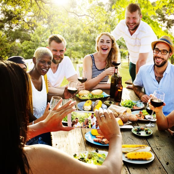 Group of Friends Having Picnic Together and Smiling for Photo
