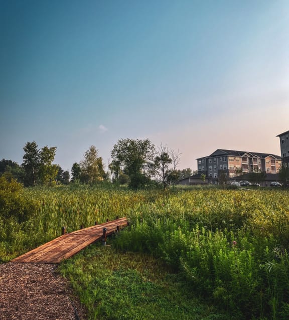 a wooden path that leads to apartment homes  at Timber Ridge, Forest Lake, 55025