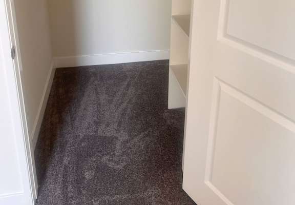A white closet with a grey carpet.