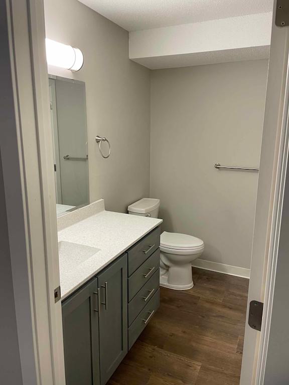 A white toilet sits in a bathroom with a white counter and grey cabinets.