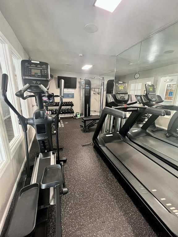 A gym with treadmills and elliptical machines.