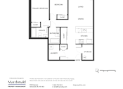 Thumbnail 3 of 4 - A floor plan for a 2 bedroom apartment with a living room, dining room, kitchen, bathroom, and laundry room.