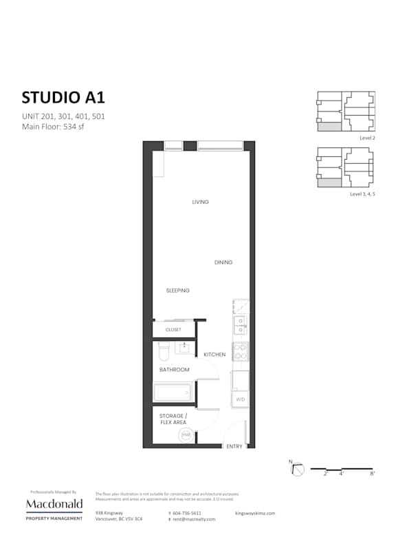 A floor plan for a studio apartment with a living room, dining room, kitchen, bathroom, and storage area.