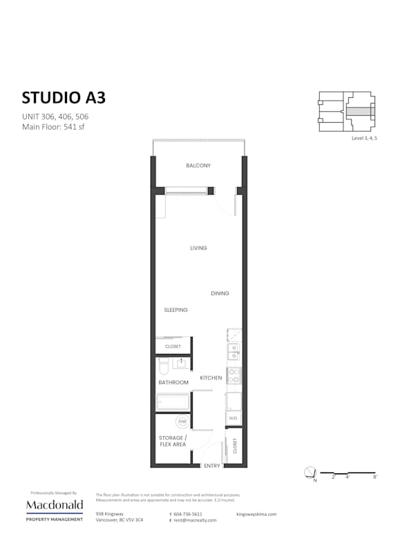 A drawing of a floor plan for a studio apartment.