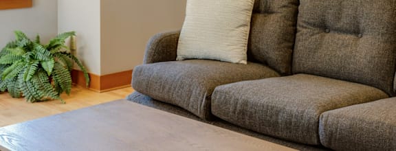 A grey couch with a white pillow is in the middle of a living room.