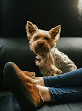Small Dog Sitting on Couch Next to Owner
